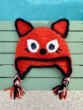 Handmade Knit Fox Earflap Hat – Orange/Black – Newborn Size